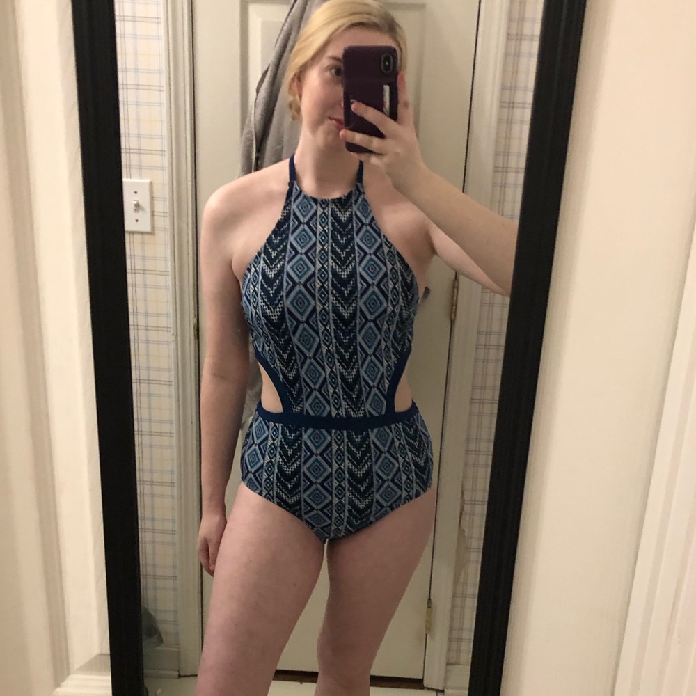Blue Time and Tru halter One-Piece with cutouts